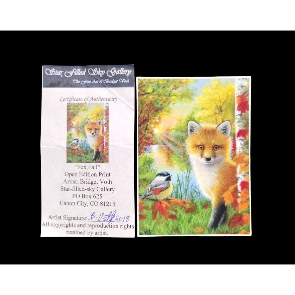 Bridget Voth Aceo Card Print Signed W/ Certificate "Fox Fall" Fox & Bird